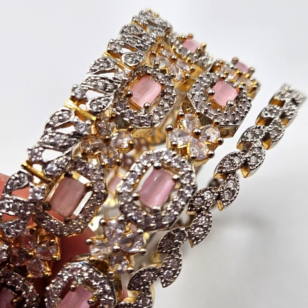 Pastel Pink and White Rhinestone Gold Tone Bangle Bracelet Set of 4 - Picture 5 of 5